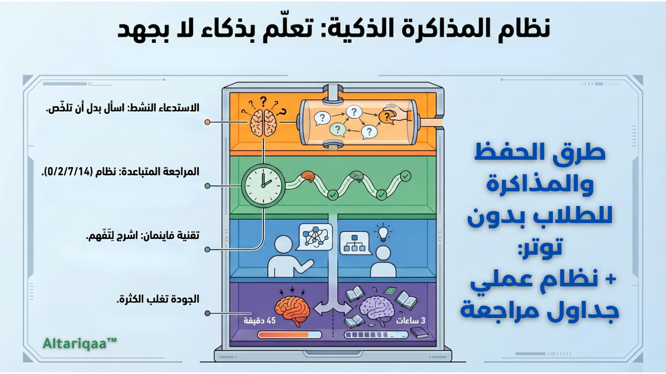 طرق الحفظ والمذاكرة للطلاب بدون توتر: نظام عملي + جداول مراجعة